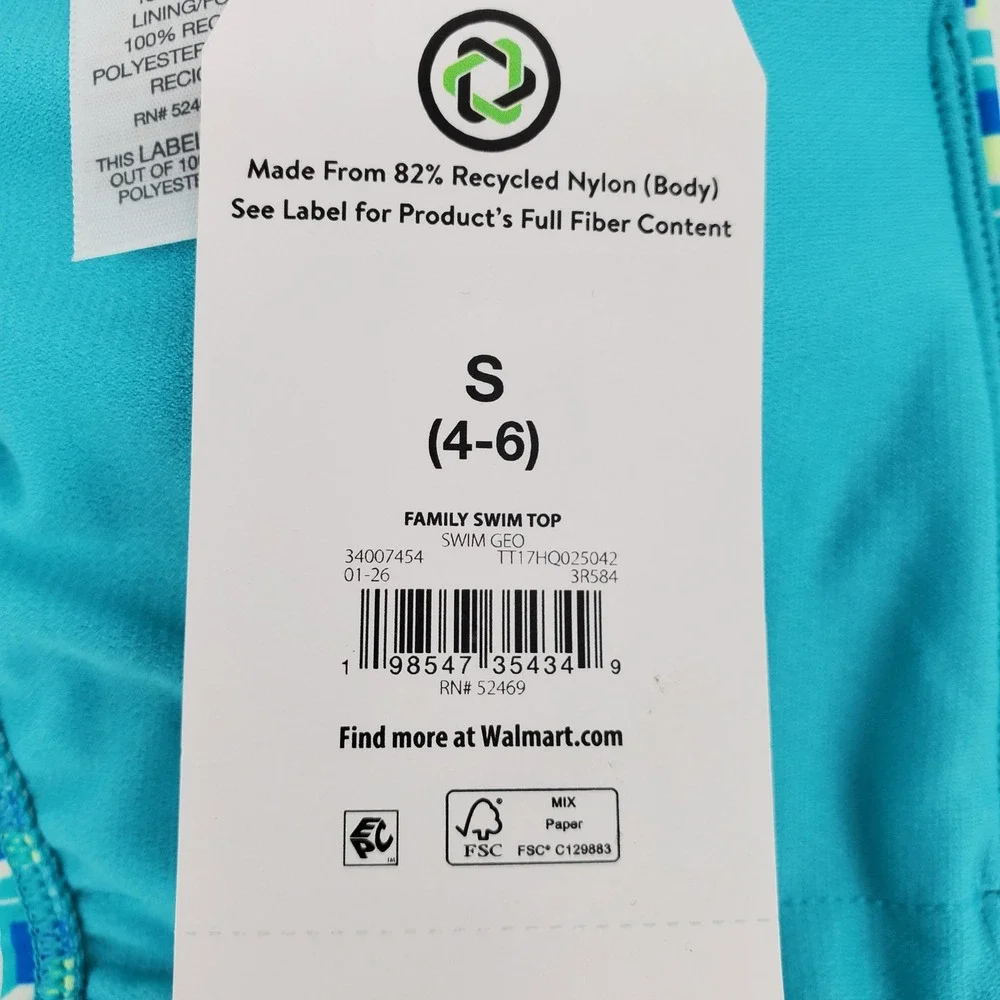 Time and Tru Geometric Bandeau Bikini Swim Top Small 4-6‎ Blue Green Lined New